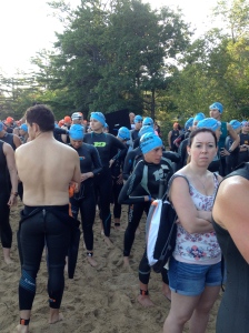 All suited up and ready to swim. Looking out onto the lake and visualizing a successful race day. Let's do this!